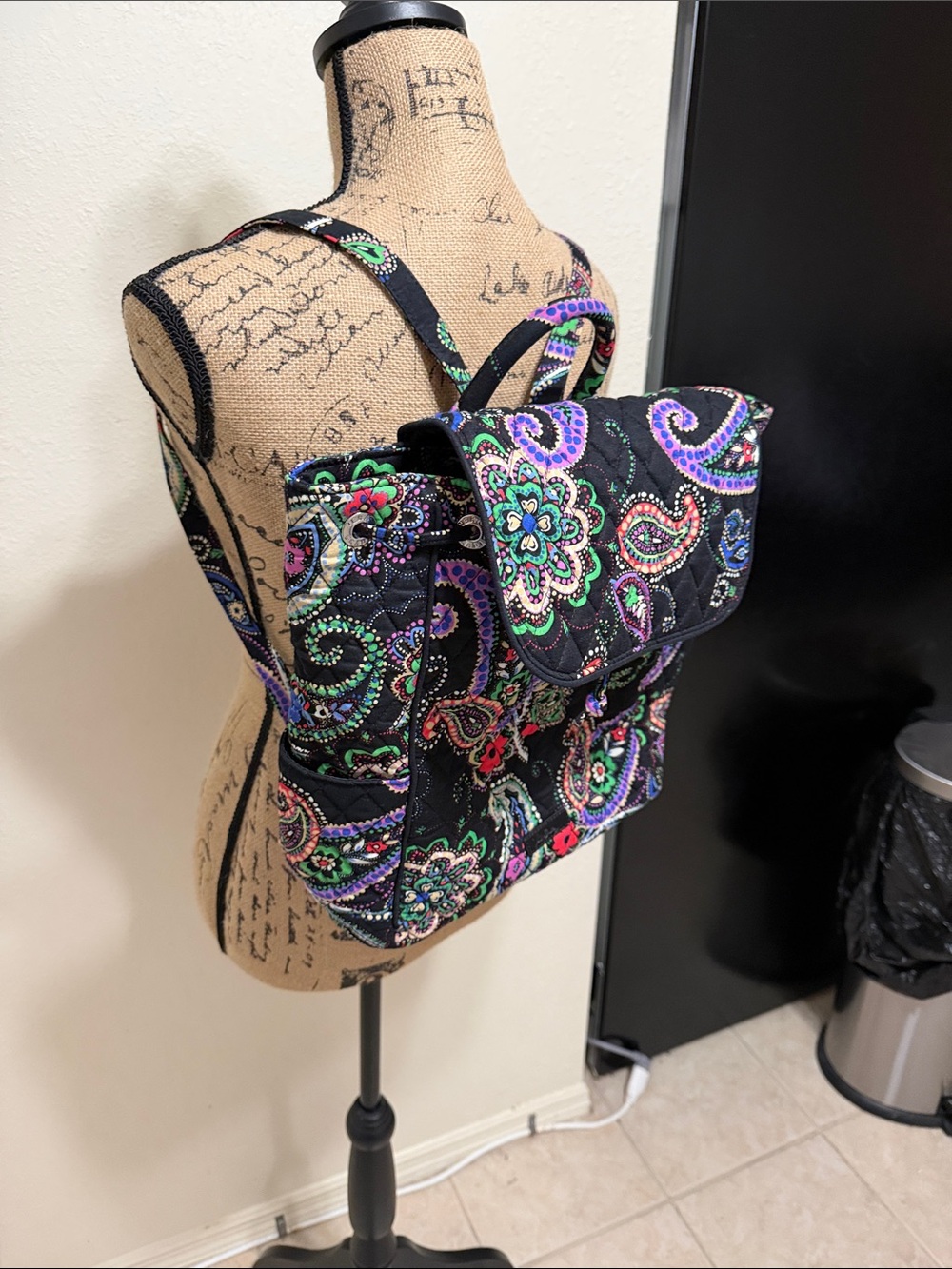 Vera Bradley Black Quilted Backpack with Multicolor Paisley